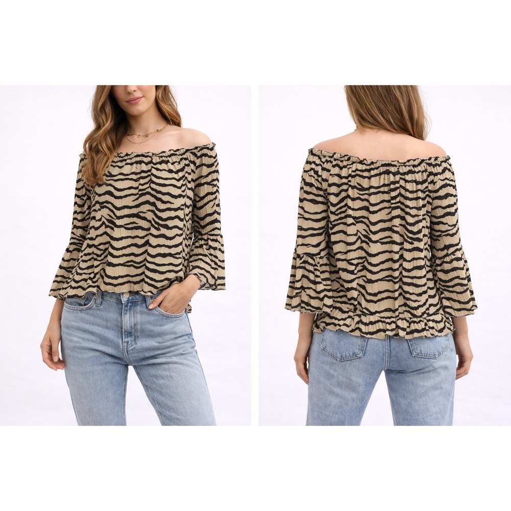 Jaipur Tiger Stripe Off The Shoulder Pleated Bell Sleeve Top Small‎ Tan Black